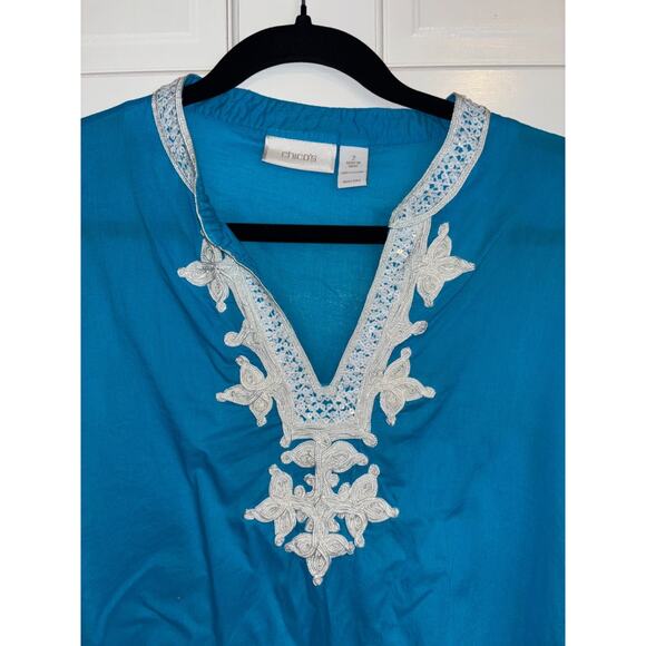 Chico’s Blue Turquoise Tunic Top Women’s Sz 2 L Sequin 3/4 Sleeve Resort Coastal - Picture 7 of 7